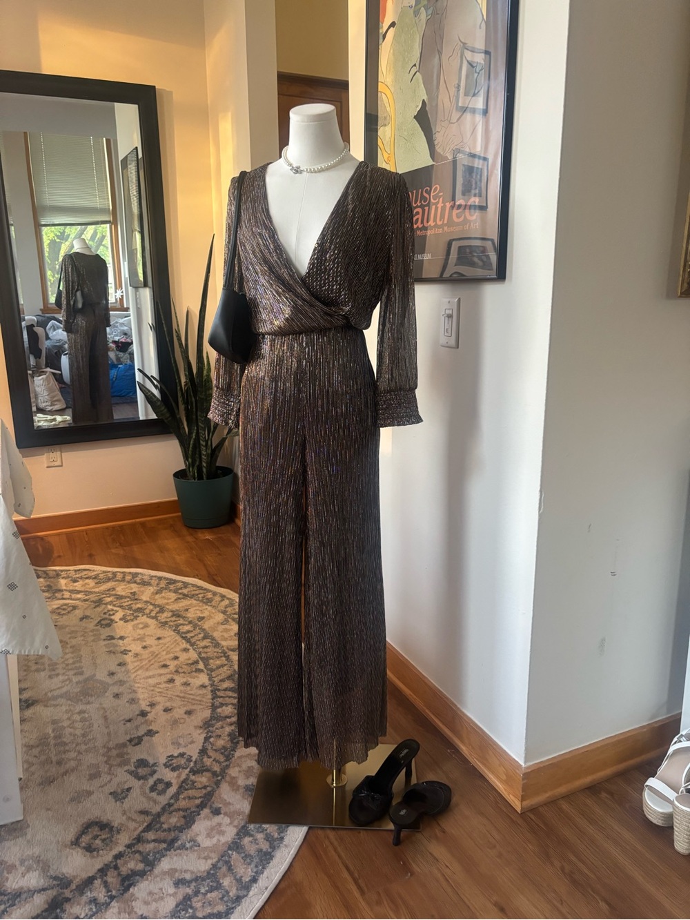 Boden Metallic Pleated Wide Leg Jumpsuit Bronze Glam Party Wedding Guest Size